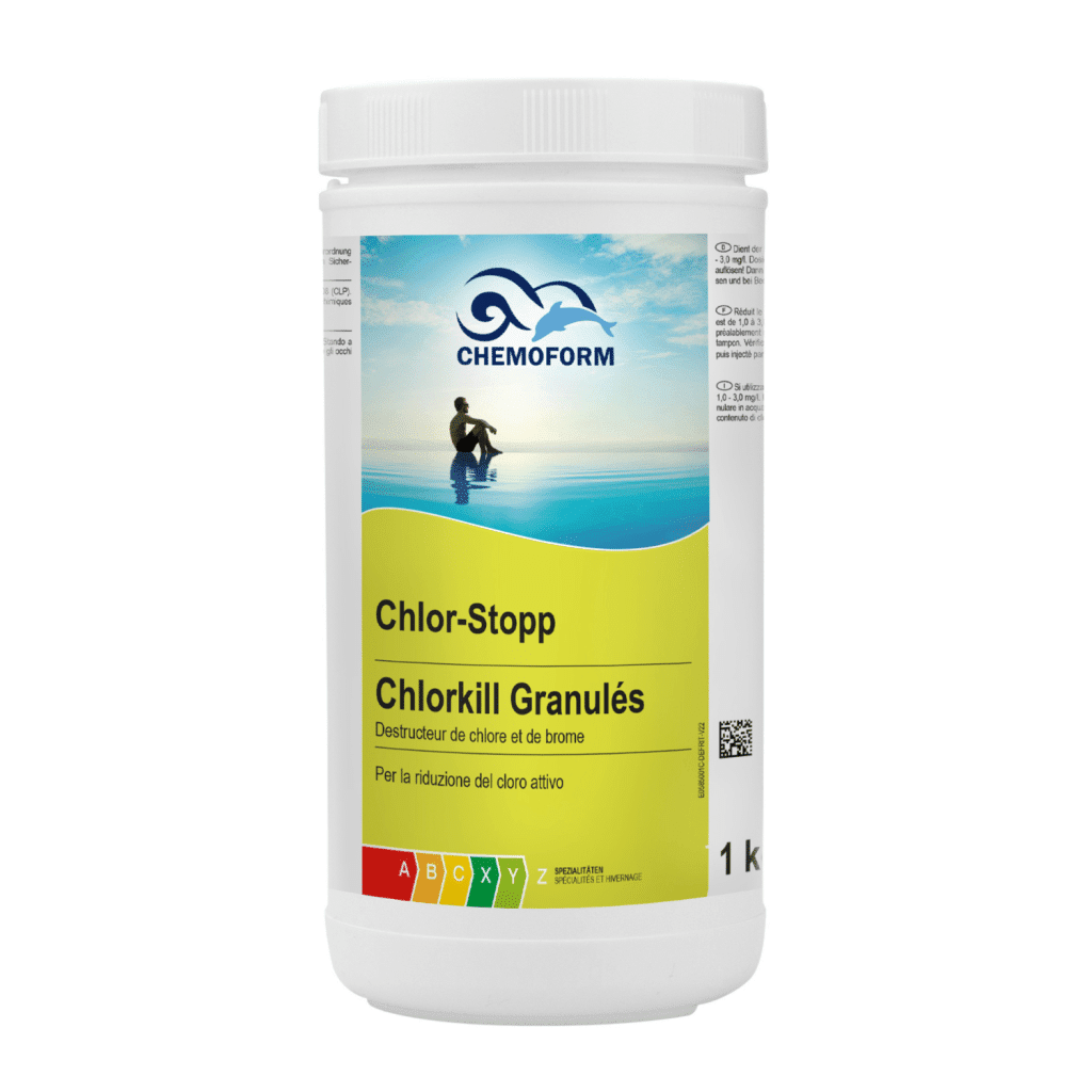 Pot de 1 kg de Chlor-Stopp Chemoform – Chlorkill Granulés, destructeur de chlore et de brome pour piscine.
